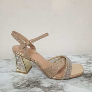 Forever Link Gold Glitter Block Heel Sandal with Rhinestone Accents